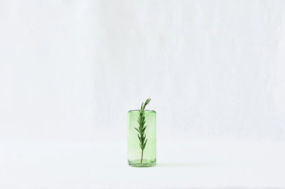 Green lightly tinted tall highball glass, made from 100% recycled glass, shown from the side on a white background.