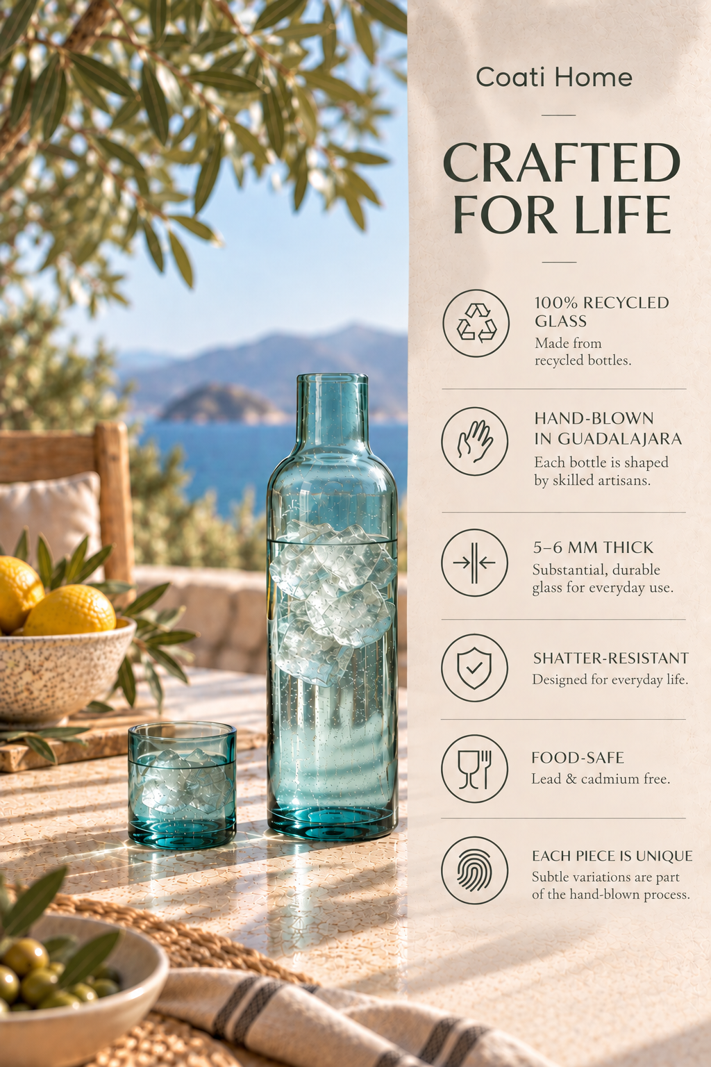 VETA Water Bottle – 100% Recycled Glass & Handcrafted - 1L
