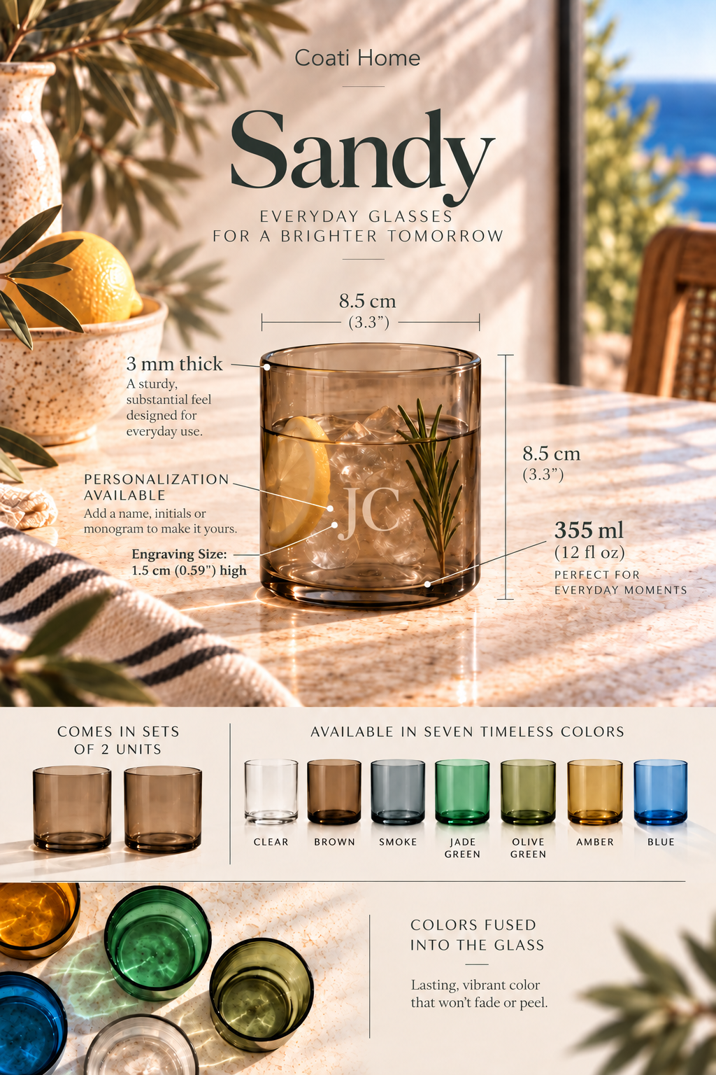 SANDY Light-Tinted (Short Glasses) – 100% Recycled & Handcrafted - Set of 2 units
