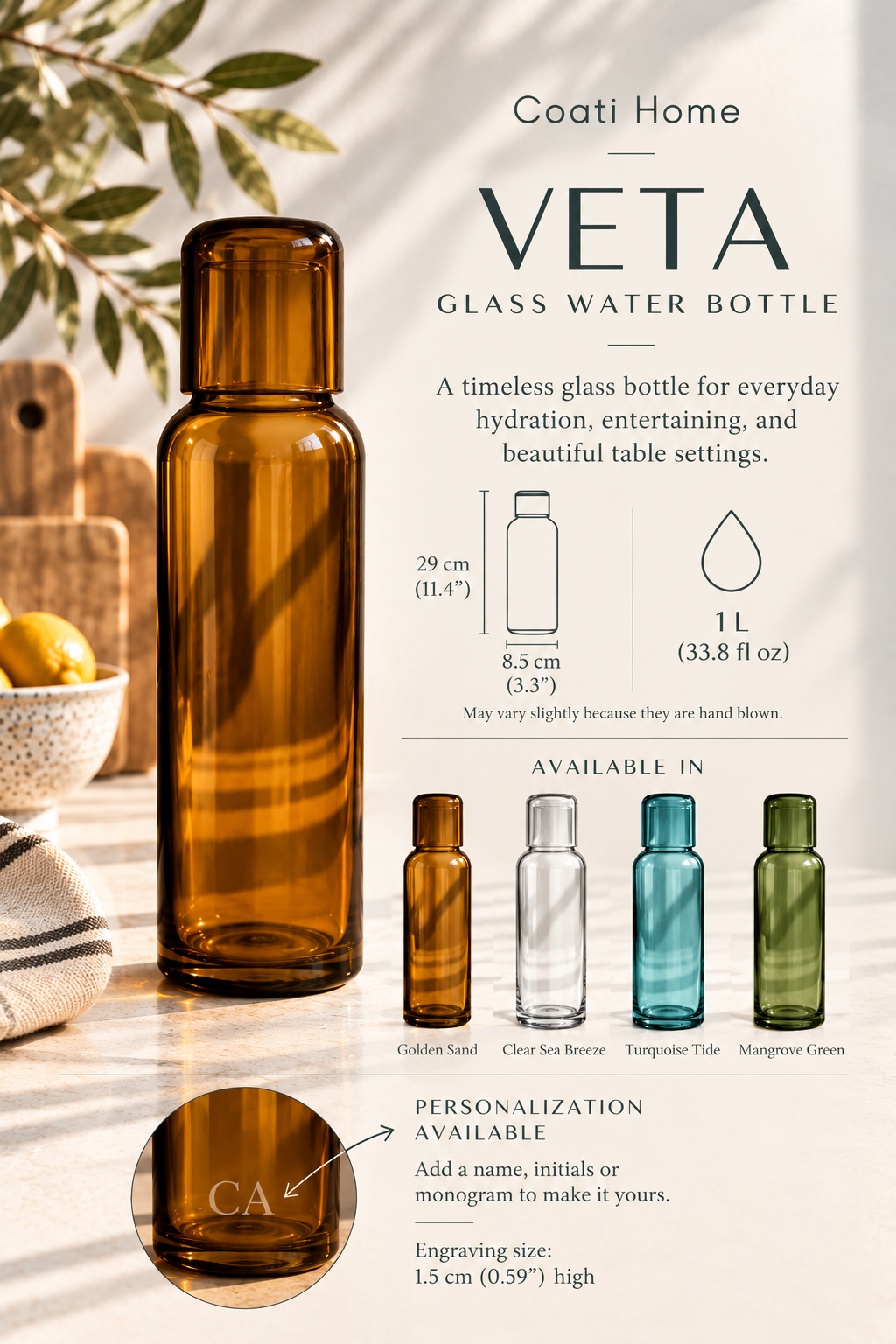 VETA Water Bottle – 100% Recycled Glass & Handcrafted - 1L