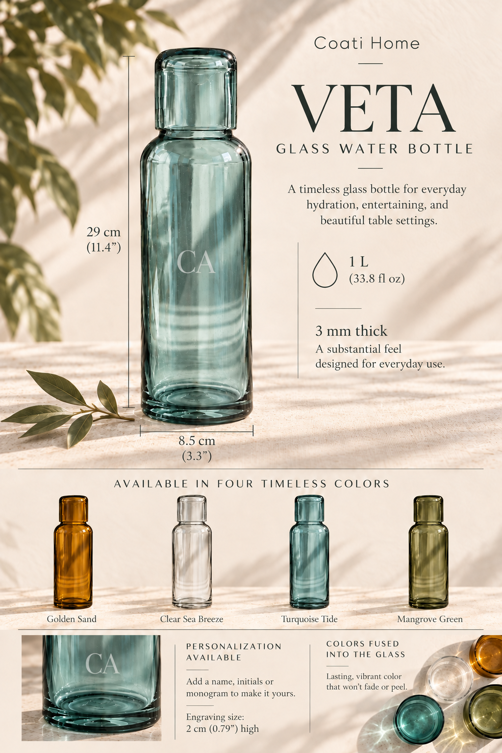 VETA Water Bottle – 100% Recycled Glass & Handcrafted - 1L